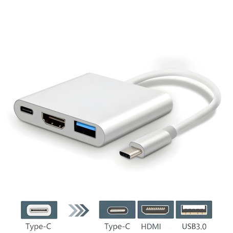 Hub Type-C 3 en 1 - HDMI 4K + Type-C + USB C 3.0  - Argenté