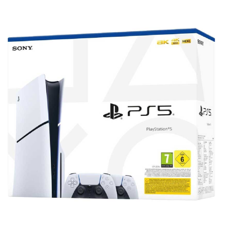 Sony PlayStation 5 Console - PS5 Slim Standard Edition White - 1TB SSD - 4K/8K - HDR with 2 Wireless SONY Dualsense Controllers