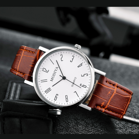 Modiya Men's Quartz Watch PU Leather Strap Roman Numeral White Brown
