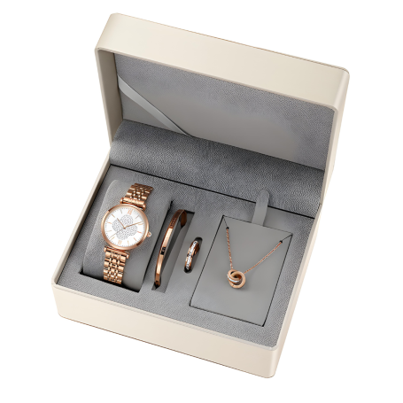 Coffret Montre Femme + Bracelet + Collier - Cadran Gypsophile Diamant Bracelet en Acier