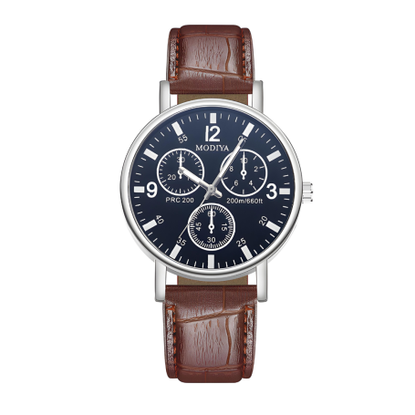 Modiya Men's Quartz Watch PU Leather Strap with 3 Small Dial Model 999 Black Brown