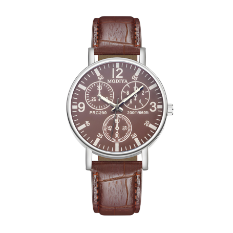 Modiya Men's Quartz Watch PU Leather Strap with 3 Small Dial Model 999 Brown