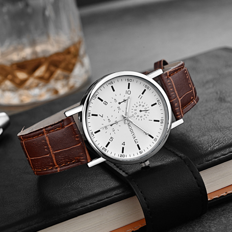 Modiya Men's Quartz Watch PU Leather Strap with 3 Small Dials White Brown