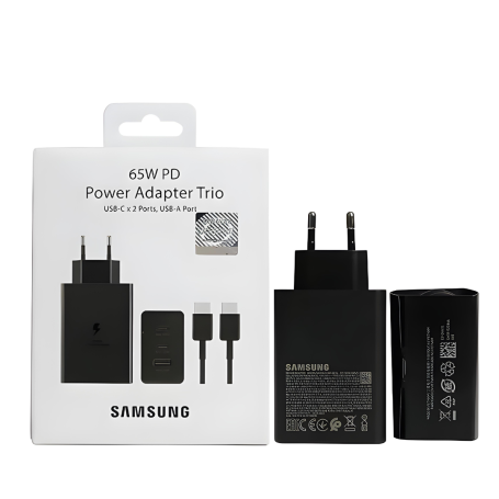 Kit Chargeur Type-C / Type-C  Samsung 65W PD Power Adapter Trio 2 USB-C + USB - Noir - Retail Box (Origine)