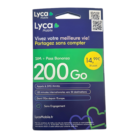 Carte SIM Prépayée Lyca mobile illimité +200 GO d’Internet Sans Abonnement