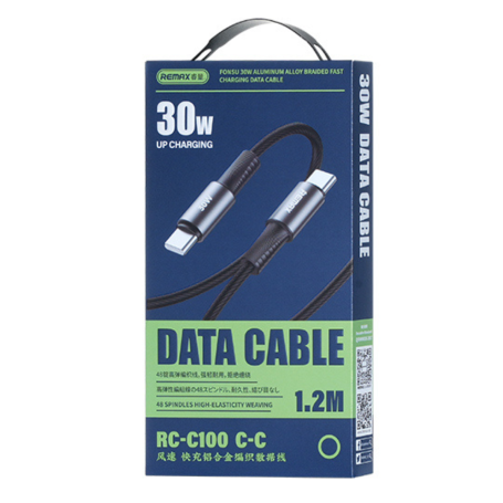 Câble USB-C / USB-C en Alliage d'Aluminium Tressé avec Charge Rapide 30W REMAX Fonsu Series RC-C100 - 1.2M - Noir