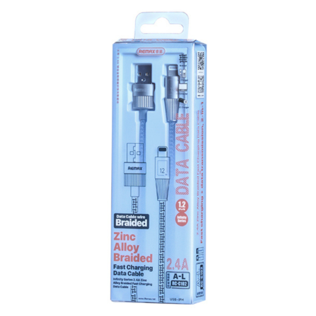 REMAX Infinity Series RC-C102 2.4A Fast Charging Braided Zinc Alloy USB/Lightning Cable - 1.2M - Silver
