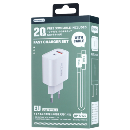 REMAX Kiddy Series USB + Type-C Charger with Type-C / Type-C Cable Set 20W RP-U120 - EU - White